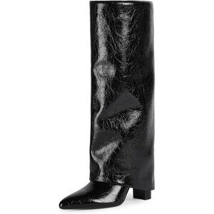 Women's Black Modatope Knee High Fold Over Chunky Heels Zipper Tall Boots